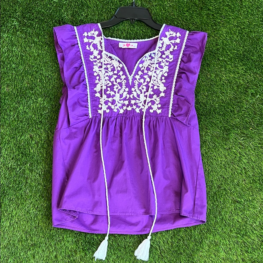 Buddy Love Purple Tank Top with White Embroidery & Ruffles